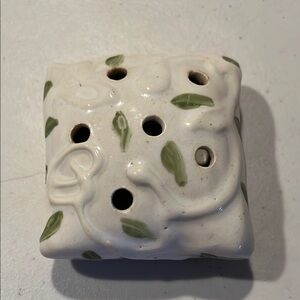 Handcrafted Ceramic Incense Holder - flower frog with Green Accents. Signed